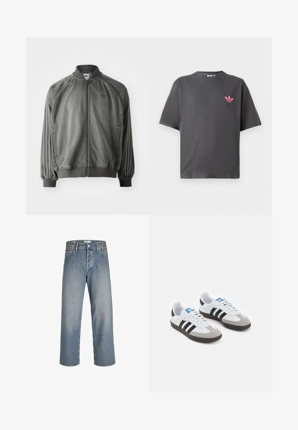 Giacca sportiva grigia con colletto e polsini a coste, zip a tutta lunghezza, strisce laterali e un piccolo logo sul petto. Texture morbida.; T-shirt corto grigio scuro con maniche corte e un piccolo logo trefoil rosa di Adidas sul lato sinistro del petto, esposto su uno sfondo bianco.; Jeans in denim azzurro chiaro con vestibilità ampia, vita alta e gambe dritte. Presentano tasche anteriori e chiusura con bottone in metallo.; Scarpe sportive con tomaia in pelle bianca, punta in suede grigia e tre strisce nere. Presentano un logo blu sulla linguetta e una suola in gomma testurizzata.