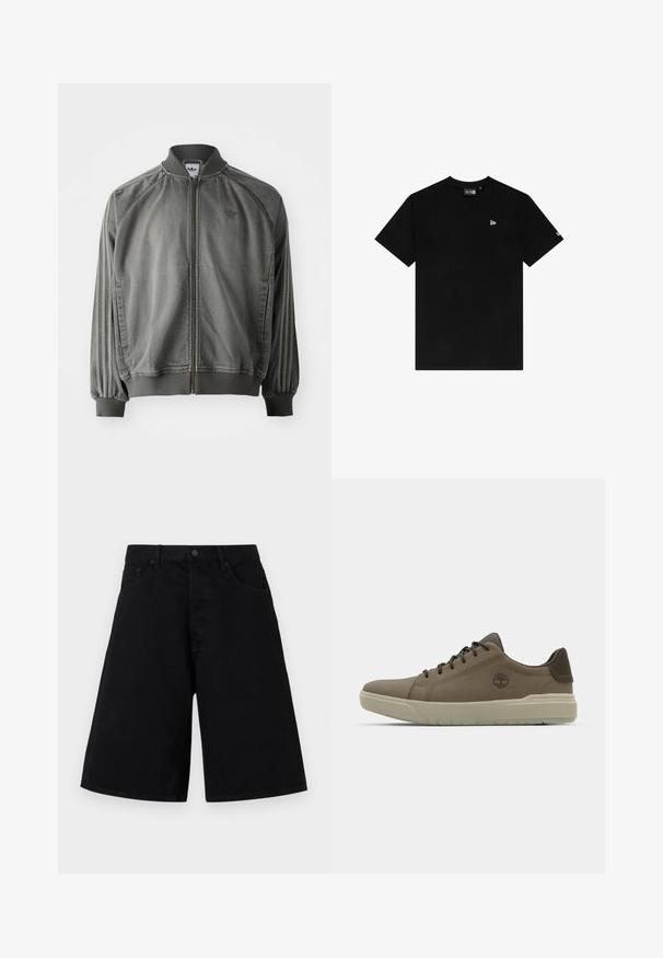 Veste de sport grise avec col et poignets côtelés, fermeture éclair sur toute la longueur, rayures sur les côtés, et un petit logo sur la poitrine. Texture douce.; T-shirt en coton noir avec un col rond, des manches courtes, présentant un petit logo blanc sur le côté gauche de la poitrine et sans autres motifs ni accents.; Shorts noirs en denim avec une coupe décontractée, présentant un design classique à cinq poches et une fermeture à bouton, texture lisse et coupe droite.; Baskets en cuir marron avec une silhouette basse, semelle en caoutchouc et accents verts ; présente un logo sur le côté et des panneaux texturés pour une meilleure adhérence.