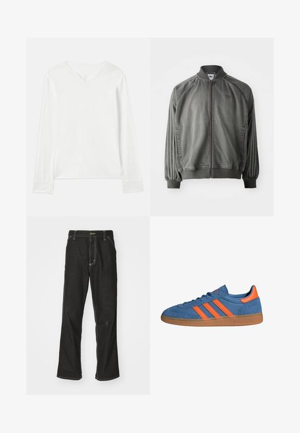 Giacca sportiva grigia con colletto e polsini a coste, zip a tutta lunghezza, strisce laterali e un piccolo logo sul petto. Texture morbida.; Maglietta bianca a maniche lunghe con scollatura a V, texture morbida e fessure laterali. Presenta un design semplice senza decorazioni o motivi.; Jeans in denim nero con una vestibilità ampia, caratterizzati da cuciture bianche a contrasto, chiusura a bottone e un design a gamba dritta.; Sneakers in tessuto blu con accenti arancioni e tre strisce. Suola in gomma, tomaia testurizzata e design con lacci.