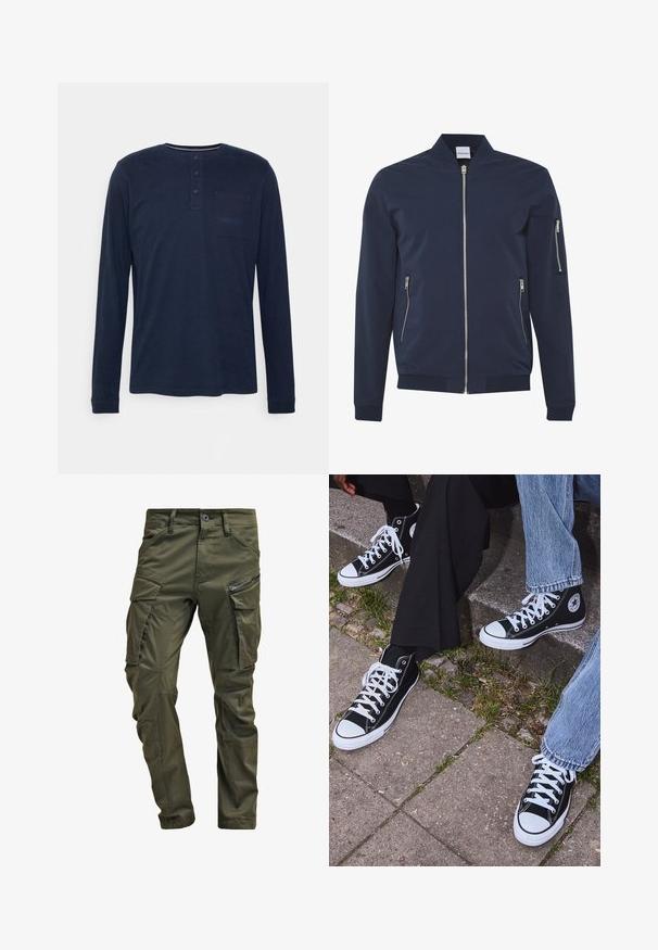 Casaco bomber azul-marinho com fecho frontal em zíper, dois bolsos laterais com zíper e um bolso com zíper na manga esquerda; feito de um material liso e leve.; Petrol Industries Camisola de manga comprida - midnight navy; Calças cargo de verde oliva feitas de algodão resistente. Apresenta múltiplos bolsos, um bolso lateral com fecho de correr e pernas afuniladas com um acabamento ligeiramente texturizado.; Sneakers de lona pretos de cano alto com solas e atacadores brancos, apresentando um logótipo circular de lado e combinados com calças de ganga e calças pretas.