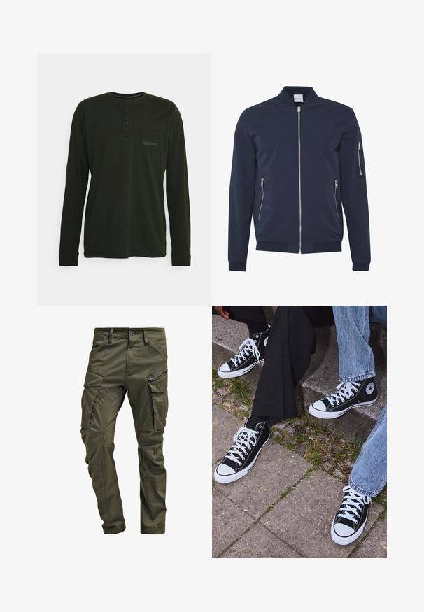 Casaco bomber azul-marinho com fecho frontal em zíper, dois bolsos laterais com zíper e um bolso com zíper na manga esquerda; feito de um material liso e leve.; Petrol Industries Camisola de manga comprida - forest night; Calças cargo de verde oliva feitas de algodão resistente. Apresenta múltiplos bolsos, um bolso lateral com fecho de correr e pernas afuniladas com um acabamento ligeiramente texturizado.; Sneakers de lona pretos de cano alto com solas e atacadores brancos, apresentando um logótipo circular de lado e combinados com calças de ganga e calças pretas.