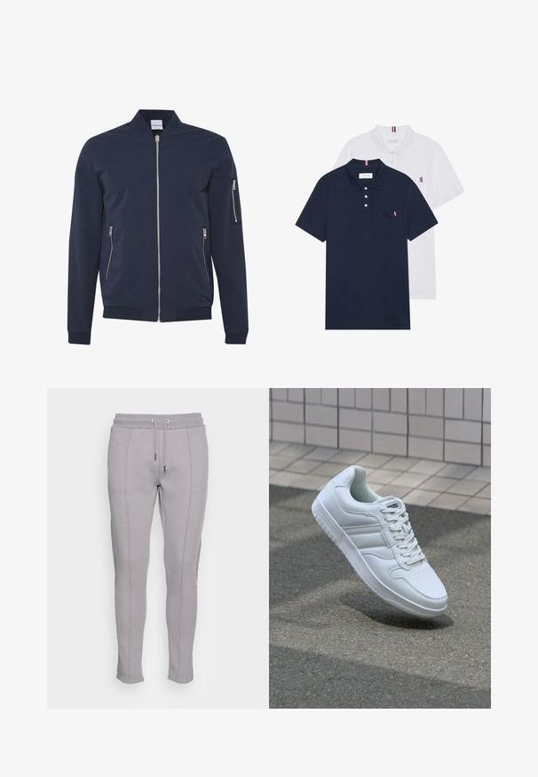 Casaco bomber azul-marinho com fecho frontal em zíper, dois bolsos laterais com zíper e um bolso com zíper na manga esquerda; feito de um material liso e leve.; Duas camisetas polo: uma azul-marinho e uma branca, ambas com um pequeno detalhe em vermelho, branco e azul no bolso do peito e na gola.; Pepe Jeans DASH - Calças de fato de treino - slate; Sapatilha desportiva branca com parte superior em couro liso, frente com atacadores, bico perfurado e sola padronizada. Design minimalista com três riscas laterais.