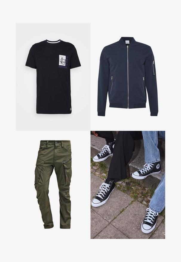 Casaco bomber azul-marinho com fecho frontal em zíper, dois bolsos laterais com zíper e um bolso com zíper na manga esquerda; feito de um material liso e leve.; Brave Soul T-shirt estampada - jet black/multicolour; Calças cargo de verde oliva feitas de algodão resistente. Apresenta múltiplos bolsos, um bolso lateral com fecho de correr e pernas afuniladas com um acabamento ligeiramente texturizado.; Sneakers de lona pretos de cano alto com solas e atacadores brancos, apresentando um logótipo circular de lado e combinados com calças de ganga e calças pretas.