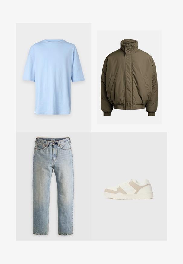 Olívazöld, párnázott dzseki, magas gallérral, elasztikus mandzsettákkal és oldalsó zsebekkel. Simás textúrájú, laza, dobozszerű fazon.; Beige kötött pulóver texturált mintákkal. Kerek nyakkivágással, bordás mandzsettákkal és változatos fonott mintákkal rendelkezik az elején.; Világoskék, rövid ujjú póló, puha pamutból készült. Kerek nyakkivágással és laza szabással rendelkezik. Nincsenek látható minták vagy díszítések.; Világoskék farmernadrág magas derékkal, elülső gombbal, cipzárral és öt zsebbel, sima háttérre fektetve.; Fehér és bézs sportcipő, sima és velúr textúrák kombinációjával, kerek orral, fűzős záródással és lapos gumitalppal.