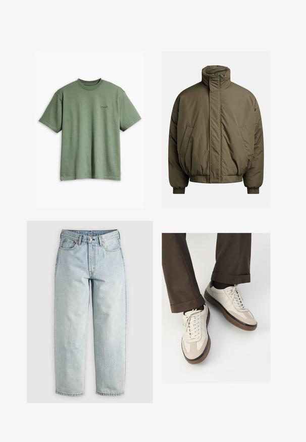 Žaliosios alyvuogės spalvos pufferis, turintis aukštą apykaklę, elastingus rankogalius ir šonines kišenes. Lygi tekstūra su laisvu, stačiakampiu fasonu.; Bežinė megzta palaidinė su tekstūruotais raštais. Yra apvalus iškirpimas, smulkiai raizgotos rankovės ir įvairūs kabeliniai raštai priekyje.; Alyvų žalia medvilninė marškinėlių su apvaliu kaklu ir trumpomis rankovėmis, turinti mažą juodą logotipą kairėje krūtinės pusėje ir tiesią apdailą.; Šviesiai mėlynos džinsinės kelnės su tiesiomis kojomis, penkiais kišenėmis ir mygtukų uždarymu; turi nusidėvėjusių vietų ir subtilių siuvimo detalių.; Bežiniai sportbačiai su tekstūruotu zomšinės priekine dalimi, lygiomis odinėmis šoninėmis dalimis ir ruda guminėmis padais. Į komplektą įeina juostelės ir šviesūs siuvimo detalės.