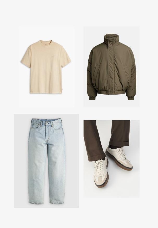 Chaqueta acolchada en verde oliva, con un cuello alto, puños elásticos y bolsillos laterales. Textura suave con una forma relajada y cuadrada.; Suéter de punto en color beige con patrones texturizados. Presenta un cuello redondo, puños acanalados y diseños de trenzado variado en la parte frontal.; Camiseta de algodón beige con cuello redondo y mangas cortas. Presenta un sutil logotipo de "Levi's" en el mismo color en el pecho. Textura suave.; Jeans de mezclilla azul claro con pierna recta, cinco bolsillos y cierre de botón; presentan áreas desgastadas y sutiles detalles de costura.; Zapatillas beige con un frente de ante texturizado, lados de cuero liso y suela de goma marrón. Incluyen cordones y un detalle de costura ligera.