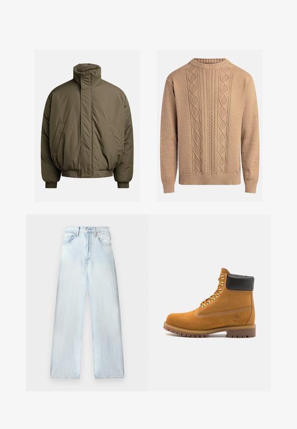 Padded jacket in olive green, featuring a high collar, elastic cuffs, and side pockets. Smooth texture with a relaxed, boxy shape.; Knit sweater in beige with textured patterns. Features a crew neck, ribbed cuffs, and varied cable knit designs across the front.; Light blue denim pants with a loose fit, high waist, five-pocket design, and straight legs. Faded texture with visible stitching details.; Tan suede ankle boot with black padded collar, gold metal eyelets, white stitching detailing, and rugged rubber sole with pronounced treads.