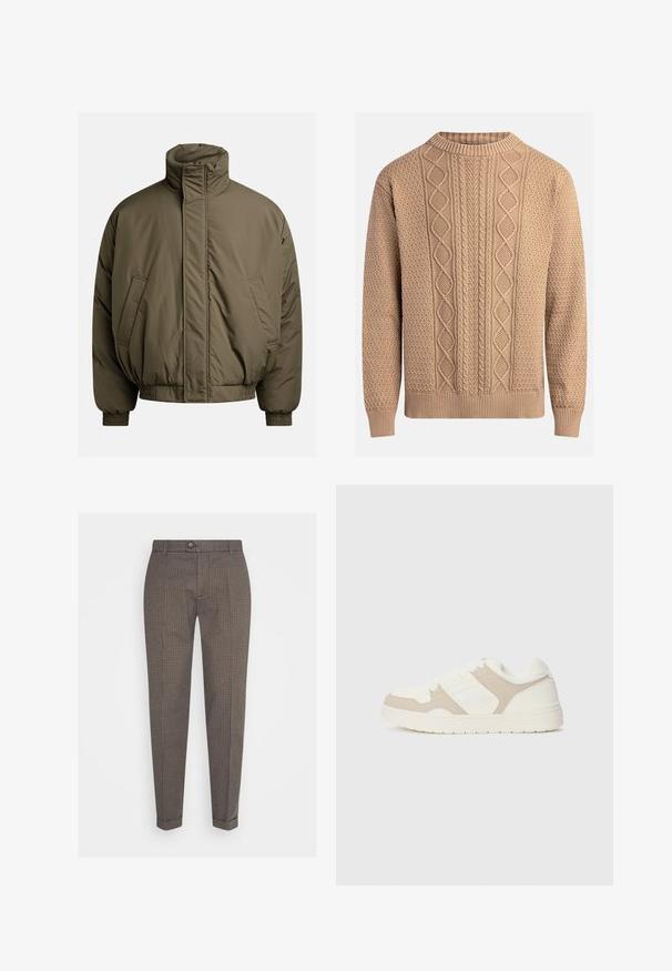 Žaliosios alyvuogės spalvos pufferis, turintis aukštą apykaklę, elastingus rankogalius ir šonines kišenes. Lygi tekstūra su laisvu, stačiakampiu fasonu.; Bežinė megzta palaidinė su tekstūruotais raštais. Yra apvalus iškirpimas, smulkiai raizgotos rankovės ir įvairūs kabeliniai raštai priekyje.; Rudos ir juodos languotos kelnės su slim fit, mygtuko uždarymu ir lygiu priekiniu dizainu. Pagamintos iš audinio, turinčio lygią tekstūrą ir pritaikytą stilių.; Baltos ir smėlio spalvos sportbačiai, turintys sklandžių ir zomšinių tekstūrų derinį, apvalūs pirštai, su raištelių užsegimu ir plokščiu guminio pado dizainu.