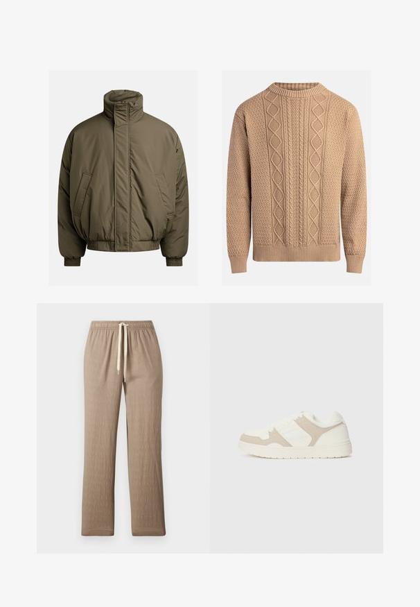 Pūkains jaka olīvzaļā krāsā ar augstu apkakli, elastīgām aprocēm un sānu kabatām. Gluda tekstūra un brīva, kvadrāta forma.; Adīts džemperis bēšā krāsā ar teksturētām zīmējumiem. Tam ir apaļa kakla izgriezums, ribotas piedurknes un dažādas kabelīšu adījumu dizaina formas priekšpusē.; Gaišbrūnas, teksturēts audums bikses ar elastīgu jostasvietu un regulējamu auklu. Taisnas kājas dizains, bez redzamām rakstu vai akcentiem.; Baltas un bežs kedas ar gludu un zamšveida tekstūru apvienojumu, apaļu purngali, saiteņu aizdari un platu gumijas zoli.