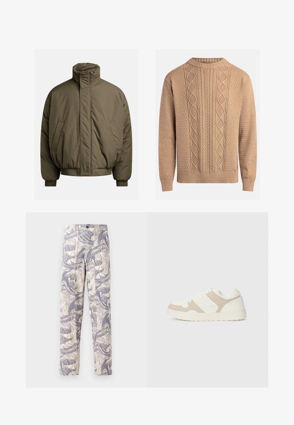 Padded jacket in olive green, featuring a high collar, elastic cuffs, and side pockets. Smooth texture with a relaxed, boxy shape.; Knit sweater in beige with textured patterns. Features a crew neck, ribbed cuffs, and varied cable knit designs across the front.; Lightweight, cream trousers featuring a blue abstract wave pattern. They have a straight fit, with two front pleats and a button closure.; White and beige sneaker featuring a combination of smooth and suede textures, round toe, lace-up closure, and a flat rubber sole.