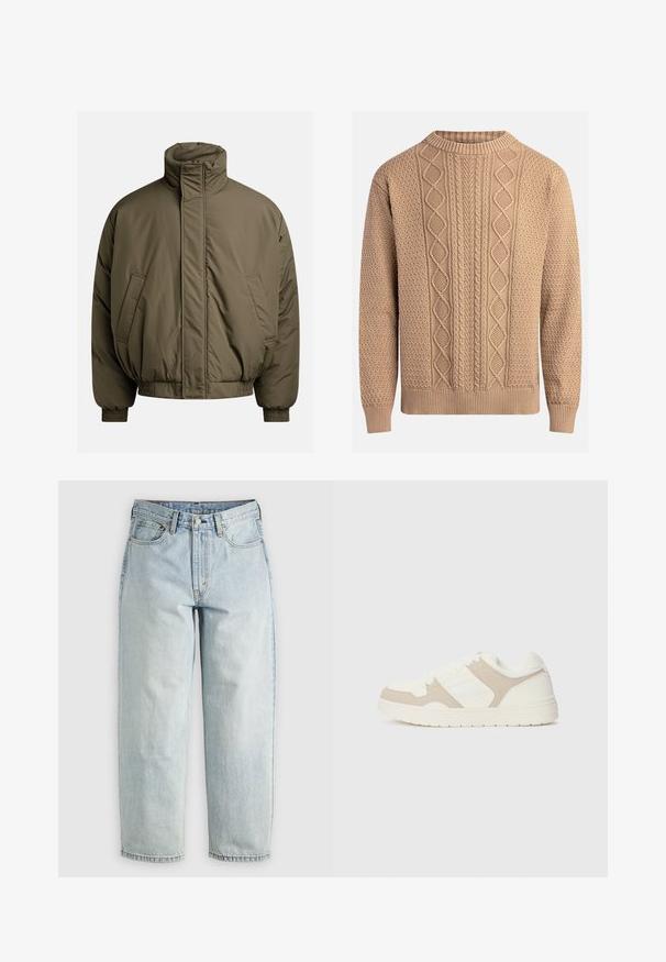 Vaatteet teollisuuden henkeä edustava oliivinvihreä pehmustettu takki, jossa on korkea kaulus, joustuvat hihansuut ja sivutaskut. Suora tekstuuri, rento ja laatikkomainen malli.; Knittröja i beige med texturerade mönster. Har rundad hals, ribbade ärmslut och varierande flätningsmönster över framsidan.; Vaaleansiniset farkut suoran lahkeen leikkauksella, joissa on viisi taskua ja napitettava etusulku; sisältää haalistuneita alueita ja hillittyjä ompeluyksityiskohtia.; Valkoiset ja beigeit tennarit, joissa on yhdistelmä sileitä ja mokkapintaisia tekstejä, pyöreä kärki, nauhakiinnitys ja litteä kumipohja.