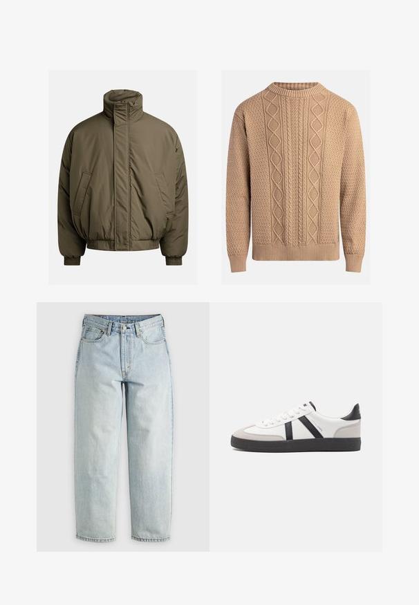 Podložena jakna v olivno zeleni barvi, z visokim ovratnikom, elastičnimi manšetami in stranskimi žepi. Gladka tekstura z sproščenim, kvadratnim krojem.; Pleteni pulover v bež barvi z teksturiranimi vzorci. Ima okrogel izrez, rebraste manšete in različne kabelske pletenice po sprednjem delu.; Svetlo modri kavbojki s ravnimi hlačnicami, petimi žepi in zapiranjem na gumb; vsebujejo zbledela mesta in subtilne podrobnosti v šivanju.; Bela športna obutev z črnimi in sivo akcenti, z teksturirano sivo kapico za prste, črnim gumijastim podplatom in ravnimi belimi vezalkami. Čista zasnova, minimalistični slog.