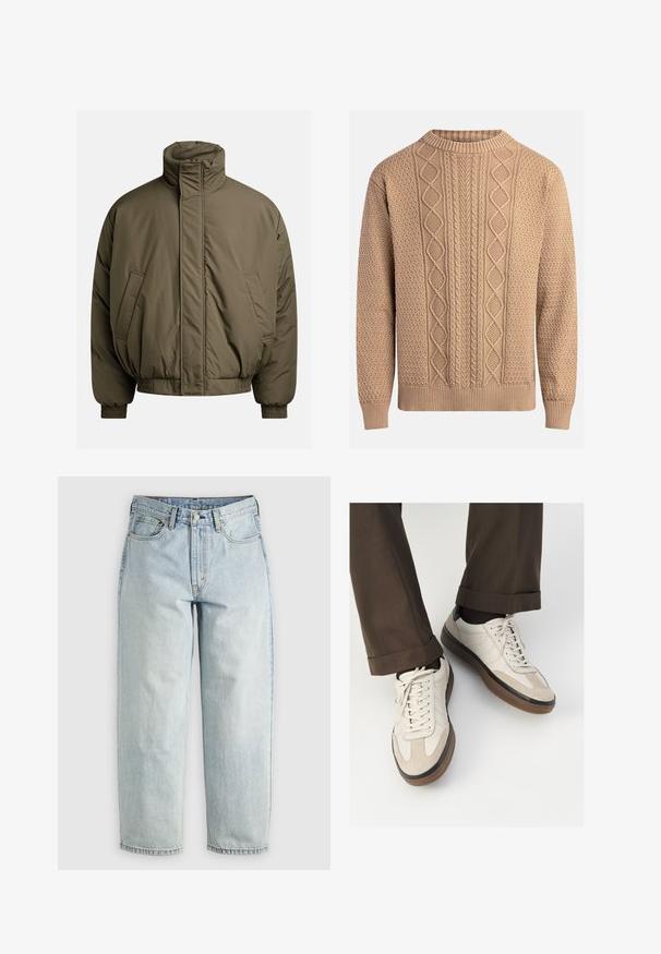 Olive roheline padjaga jope, millel on kõrge krae, elastsed mansetid ja küljetaskud. Sile tekstuur ja lõdva, kastja siluett.; Beezsilmeline koe, millel on tekstuurilised mustrid. Omab ümarat kaelaosa, soonikuid mansette ning mitmekesiseid palmikute kudumisi ees.; Heledad sinine teksapüksid otse säärega, viie taskuga ja nööbiga sulgemine; sisaldab pleekinud alasid ja delikaatseid õmblusdetailsusi.; Bežid spordijalised, millel on tekstuuriga suede esiosa, siledast nahast küljed ja pruun kummitald. Lisatud on paelad ja heledad õmbluse detailid.