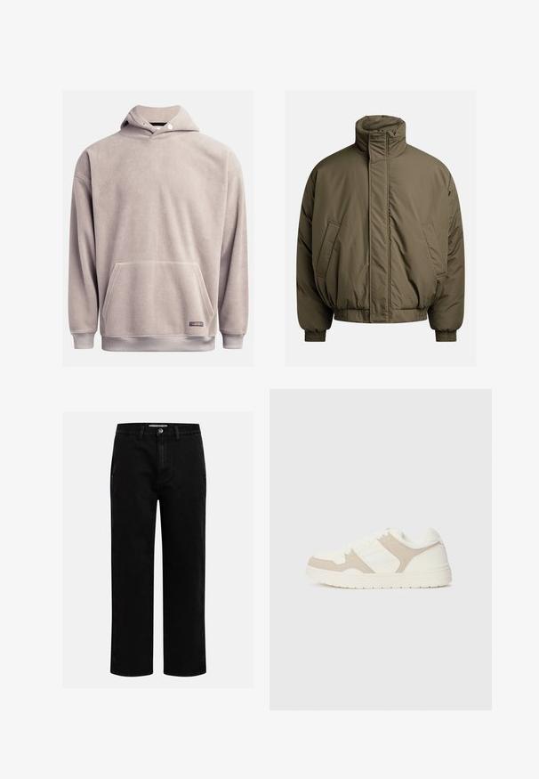 Olívazöld, párnázott dzseki, magas gallérral, elasztikus mandzsettákkal és oldalsó zsebekkel. Simás textúrájú, laza, dobozszerű fazon.; Világosszürke bolyhos pulóverkapucnis, elülső zsebbel, bordázott alsó résszel és állítható húzózsinórral. Puha tapintású, minimális részletezéssel.; Fekete farmernadrág egyenes szabással, klasszikus öt zsebes kialakítással és gombos derékkal. Simább textúra és tartós anyag.; Fehér és bézs sportcipő, sima és velúr textúrák kombinációjával, kerek orral, fűzős záródással és lapos gumitalppal.