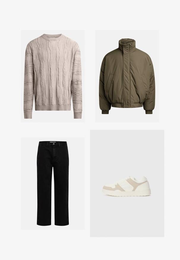 Gefütterte Jacke in Olivgrün, mit hohem Kragen, elastischen Bündchen und Seitentaschen. Glatte Textur mit einer lässigen, kastigen Form.; Hellbeige Pullover mit strukturierten, erhabenen Mustern. Lange Ärmel, gerippter Rundhalsausschnitt und Saum. Der Stoff wirkt weich mit einem leicht unregelmäßigen Design.; Schwarze Jeanshose mit geradem Schnitt, klassischem Fünf-Taschen-Design und einem Knopfverschluss an der Taille. Glatte Textur und strapazierfähiger Stoff.; Weiße und beige Sneaker mit einer Kombination aus glatten und Wildleder-Oberflächen, runder Zehenpartie, Schnürverschluss und flacher Gummisohle.