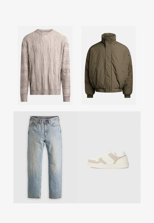 Podložena jakna v olivno zeleni barvi, z visokim ovratnikom, elastičnimi manšetami in stranskimi žepi. Gladka tekstura z sproščenim, kvadratnim krojem.; Svetlo bež pulover z teksturiranimi, dvignjenimi vzorci. Dolgi rokavi, rebrast krožen ovratnik in rob. Tkanina se zdi mehka z rahlo nepravilnim dizajnom.; Svetlo modri džins hlače z visokim pasom, sprednjim gumbom, zadrgo in petimi žepi, laid flat na nevtralni podlagi.; Bež in bela športna obuvala z mešanico gladkih in semiš tekstur, okroglo konico, vezalni sistem in raven gumijast podplat.