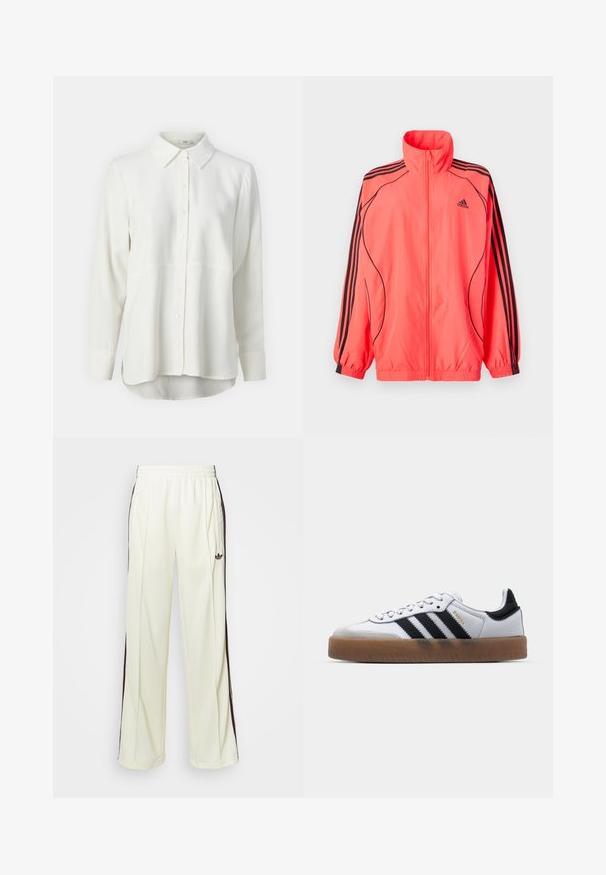 Lyserød hættetrøje med lynlås og høj krave, sorte accenter og tre sorte striber på hver ærme; lavet af let, glat stof.; Hvid langærmet skjorte lavet af glat stof, med en klassisk krave, knaplukning foran og buet kant for en afslappet pasform.; Hvid t-shirt lavet af bomuld, med korte ærmer og rund hals. Et lille grønt logo er placeret på venstre brystområde.; Cremefarvede sweatpants med en afslappet pasform, der har mørkebrune sidelister og et broderet logo på venstre lår.; Hvide lædersneakers med sorte striber, gummirubber sål, rund tå, snørelukning og blød grå ruskinds tåhætte.