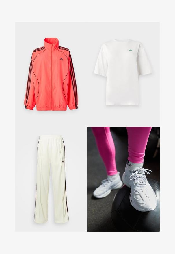 Kirkas vaaleanpunainen vetoketjullinen takki korkealla kauluksella, mustilla yksityiskohdilla ja kolmella mustalla raidalla jokaisessa hihassa; valmistettu kevyestä, sileästä kankaasta.; Valkoinen t-paita, joka on valmistettu puuvillasta ja jossa on lyhyet hihat sekä pyöreä kaula-aukko. Pienen vihreän logon sijainti on vasemmassa rinnassa.; Kermanväriset collegehousut rentossa leikkauksessa, joissa on tummanruskeat sivuraidat ja brodattu logo vasemmassa reisissä.; Valkoiset urheilukengät, joissa on verkkomateriaalia ja synteettisiä päällysteitä, varustettuna nauhoilla, kaarevalla muotoilulla, lepäten mustalla lääketieteellisellä pallolla tummalla taustalla.