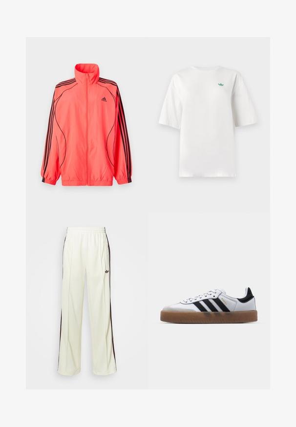 Gaiši rozā apakšmētelis ar augstu apkakli, melniem akcentiem un trim melnām svītrām katrā piedurknē; izgatavots no viegla, gluda auduma.; Balta kokvilnas T-kreklā, ar īsām piedurknēm un apaļu kaklu. Mazs zaļš logo atrodas kreisajā krūtīs.; Krēma krāsas sporta bikses ar brīvu piegriezumu, ar tumši brūnām sānu svītrām un izšūtu logotipu kreisajā augšstilbā.; Baltas ādas kedas ar melnām svītrām, gumijas zole, apaļa purngala forma, auklu aizdare un maigs pelēks zamšs uz purngala.