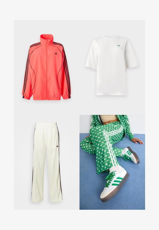 Lys rosa jakke med glidelås og høy krage, svarte detaljer og tre svarte striper på hver erm; laget av lett og glatt stoff.; Hvit t-skjorte laget av bomull, med korte ermer og rund hals. En liten grønn logo er plassert på venstre brystområde.; Kremfargede joggebukser med en avslappet passform, som har mørkebrune sidestriper og en brodert logo på venstre lår.; Grønn mønstret treningsdrakt med hvite blomsterdesign og hvite striper, kombinert med hvite joggesko med grønne striper og glitrende lisser.