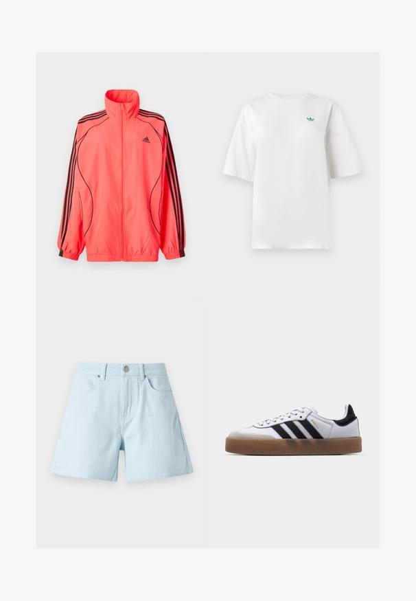 Veste zippée rose vif avec col montant, accents noirs et trois bandes noires sur chaque manche ; fabriquée en tissu léger et lisse.; T-shirt blanc en coton, avec des manches courtes et un col rond. Un petit logo vert est positionné sur la poitrine gauche.; Shorts rayés bleu clair avec taille haute, poches avant et fermeture à bouton métallique. Le tissu présente une texture douce et une coupe ajustée.; Baskets en cuir blanc avec des rayures noires, semelle extérieure en caoutchouc beige, bout rond, fermeture lacée et embout en suède gris doux.