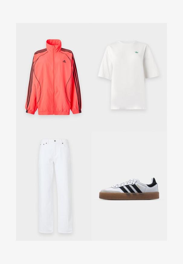 Svetlo roza zip-up jakna z visokim ovratnikom, črnimi detajli in tremi črnimi črtami na vsakem rokavu; narejena iz lahkotnega, gladkega materiala.; Bela majica iz bombaža, z kratkimi rokavi in okroglim izrezom. Na levem delu prsi je majhen zeleni logotip.; Beli džins hlače imajo sproščen kroj s ravnim nogavicom, pet žepek, sprednje zapiranje na gumb in zakovice v bakreni barvi.; Bele usnjene športne copate z črnimi linijami, gumijastim podplatom, okroglo konico, zapiranjem s vezalkami in mehko sivo zamšasto konico.