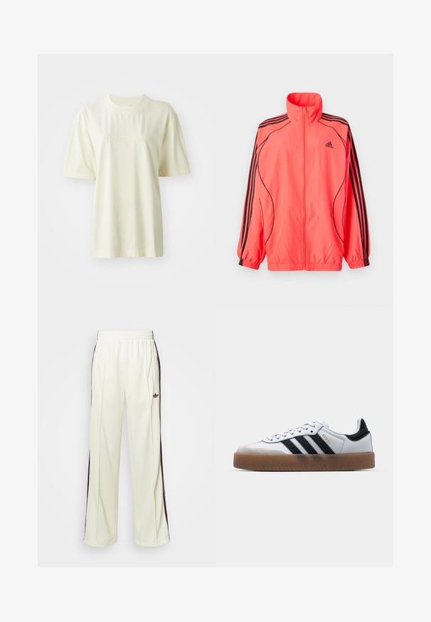 Bright pink zip-up jacket with high collar, black accents, and three black stripes on each sleeve; made from lightweight, smooth fabric.; Cream-colored cotton T-shirt with a round neck, short sleeves, and embossed "adidas" logo on the chest. Smooth texture and relaxed fit.; Cream-colored sweatpants with a relaxed fit, featuring dark brown side stripes and an embroidered logo on the left thigh.; White leather sneakers with black stripes, gum rubber outsole, round toe, lace-up closure, and soft gray suede toe cap.