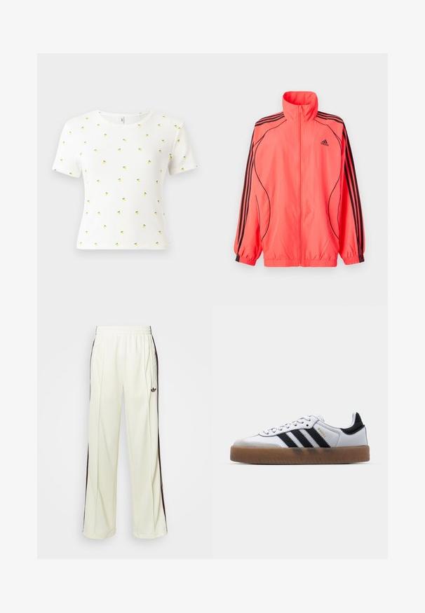 Gaiši rozā apakšmētelis ar augstu apkakli, melniem akcentiem un trim melnām svītrām katrā piedurknē; izgatavots no viegla, gluda auduma.; Balts īsām piedurknēm T-krekls, izgatavots no ribota auduma, ar izkliedētu mazu dzeltenu ananāsu un zaļo lapu rakstu.; Krēma krāsas sporta bikses ar brīvu piegriezumu, ar tumši brūnām sānu svītrām un izšūtu logotipu kreisajā augšstilbā.; Baltas ādas kedas ar melnām svītrām, gumijas zole, apaļa purngala forma, auklu aizdare un maigs pelēks zamšs uz purngala.