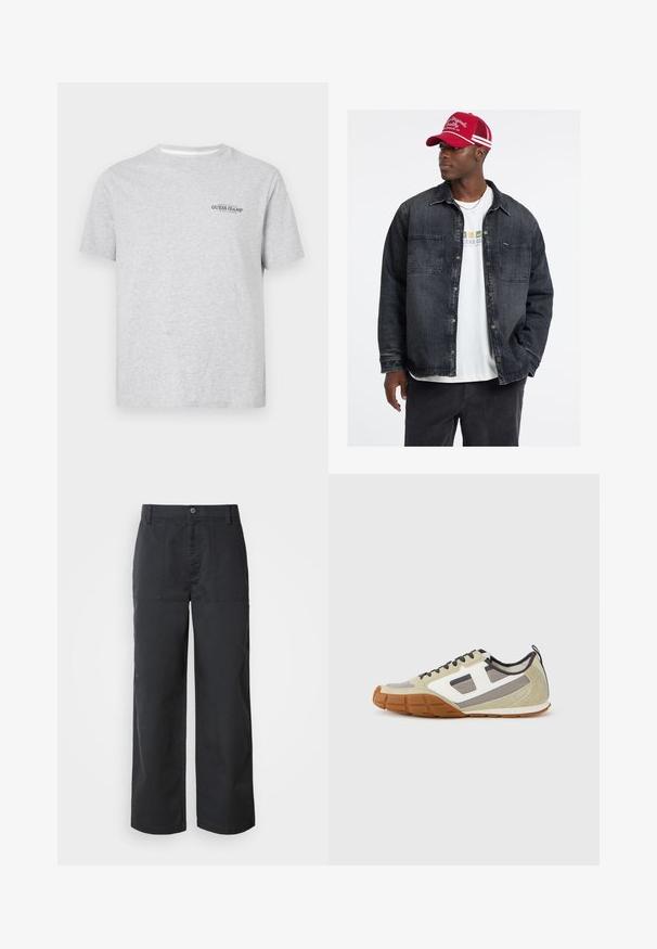 Juodas džinsinis švarkas su dviem krūtinės kišenėmis, sidabro mygtukais, uždėtas ant baltos grafikės marškinėlių, derinamas su tamsiomis kelnėmis ir raudona kepure.; Pilka medvilninė trumpomis rankovėmis marškinėliai. Kairėje krūtinės pusėje juodas atspaustas logotipas „GUESS JEANS“. Klasikinė apvali kaklo iškirptė.; Plačios kelnės tamsiai mėlynos medvilnės audinio, su priekinėmis kišenėmis ir sagos užsegimu. Lygus paviršius ir minimalistinis dizainas.; Atletiniai sportbačiai su smėlio spalvos viršumi, pilkais ir baltais akcentais, tekstūruotu zomšu ir raštuota guminė pado dalimi. Komplekte rudi batraiščiai ir kilpos dirželis.