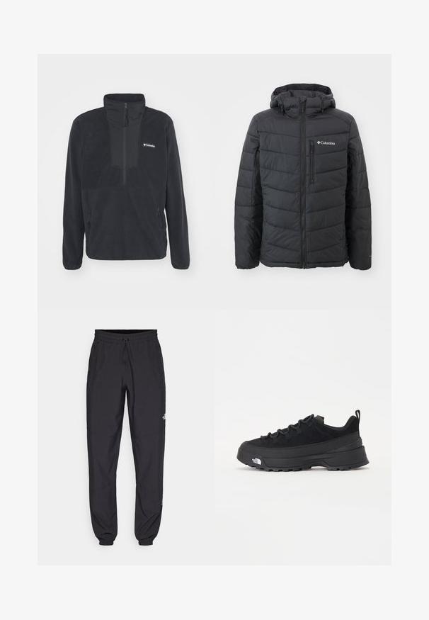 Schwarze Pufferjacke mit durchgehendem Reißverschluss und Kapuze, ausgestattet mit horizontalen Steppnähten, einer Brusttasche auf der linken Seite und einem Columbia-Logo auf der Vorderseite.; Schwarzer Fleece-Pullover mit einem halben Reißverschlusskragen, zwei seitlichen Reißverschlusstaschen und einem Logo auf der Brust. Verfügt über eine glatte Textur und körpernahe Ärmel.; Schwarze Sporthosen aus leichtem Stoff, mit einem Kordelzugbund, seitlichen Taschen und schmal zulaufenden Bündchen an den Knöcheln.; Schwarzer Outdoorsneaker mit einem Obermaterial aus Wildleder, strukturierter Gummisohle und robustem Schnürsystem. Verfügt über eine verstärkte Ferse und das Markenlogo an der Seite.