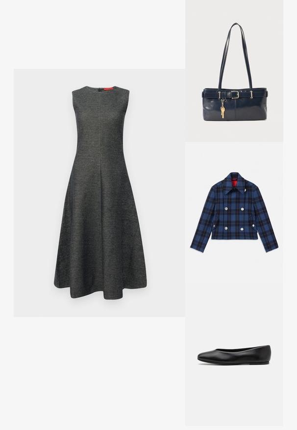 Veste à carreaux bleu marine avec un design court, un devant double boutonnage, de grands boutons argentés et un col pointu. Tissu texturé.; Robes sans manches grises avec une silhouette évasée, en tissu texturé. Présente une fermeture éclair dissimulée à l'arrière et un col lisse.; Paul Smith TOPANGA - Ballerines - black; Sac à main en cuir bleu marine avec deux longues poignées, un détail de boucle et un porte-clés accroché. Il présente une texture lisse et une forme rectangulaire.