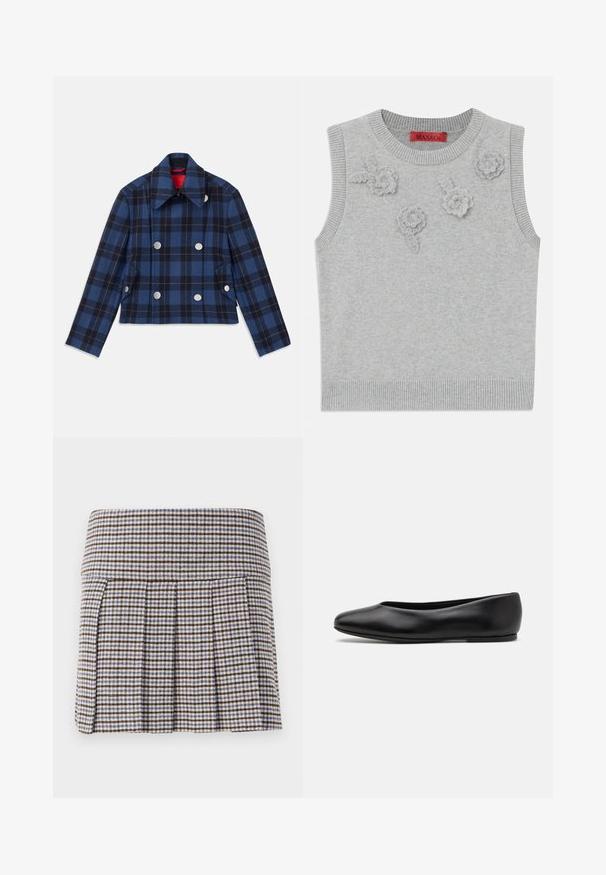 Granatowa marynarka w kratę o skróconym fasonie, z podwójnym zapięciem z przodu, dużymi srebrnymi guzikami i spiczastym kołnierzem. Teksturowany materiał.; Jasnoszary bezrękawnik z ribbowym dekoltem i dołem. Posiada trzy teksturowane aplikacje kwiatowe z przodu. Metka marki: MAX&Co.; Plisowana spódnica w brązowo-beżowo-niebieską kratę. Wykonana z fakturowanej tkaniny z dopasowanym pasem i dekoracyjnymi plisami.; Paul Smith TOPANGA czarny