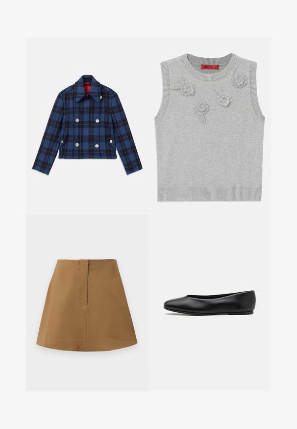 Tumesinine ruuduline jakk lühendatud disainiga, kahe nööbiga ees, suured hõbedased nööbid ja terav krae. Tekstuuriga kangas.; Helehall hallide ja äärega heledat halli lühikeste varrukatega kampsunit. Ees on kolm tekstuurset lilleaplikatsiooni. Brändi silt: MAX&Co.; Pruun seelik, millel on laienev siluett, valmistatud siledast kangast. Omab lihtsat vöökohanda ja tagumist õmbluse detaili.; Paul Smith TOPANGA - Baleriinad - black