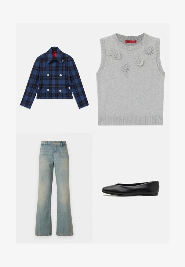 Tums zilas krāsas pārklājošs žakets ar saīsinātu dizainu, dubultiem aizpogājamiem priekšējiem, lieliem sudraba pogām un smailu apkakli. Teksturēta auduma.; Gai pelēks bez piedurknēm džemperis ar ribota apakšmalu un apkakli. Priekšpusē ir trīs strukturāli ziedu aplikācijas. Zīmola etiķete: MAX&Co.; Gaiši zilie denimi platās kājas džinsi ar augstu jostas vietu, pogu aizdari un izbalējušu tekstūru. Iespējots klasiskā piecu kabatu dizains un taisnas kājas.; Paul Smith TOPANGA - Balerīnas laiviņas - black