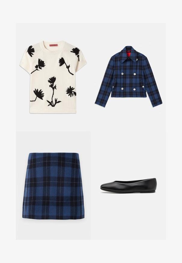 Tummansininen ruudullinen takki, jossa on lyhennetty malli, kaksirivinen etuosa, suuret hopeanväriset napit ja terävä kaulus. Paranneltu kangas.; Lyhythihainen kerma värinen neule, jossa on mustaa kukkakirjontaa. Pyöreä pääntie ja ribattu helma. Pehmeä texture ja rento malli.; Tummansininen ja laivastonsininen ruudullinen minihame, joka on valmistettu pehmeästä kankaasta, jossa on hieman tekstuurinen pinta. Hameessa on suora leikkaus ja siistit linjat.; Paul Smith TOPANGA - Ballerinat - black