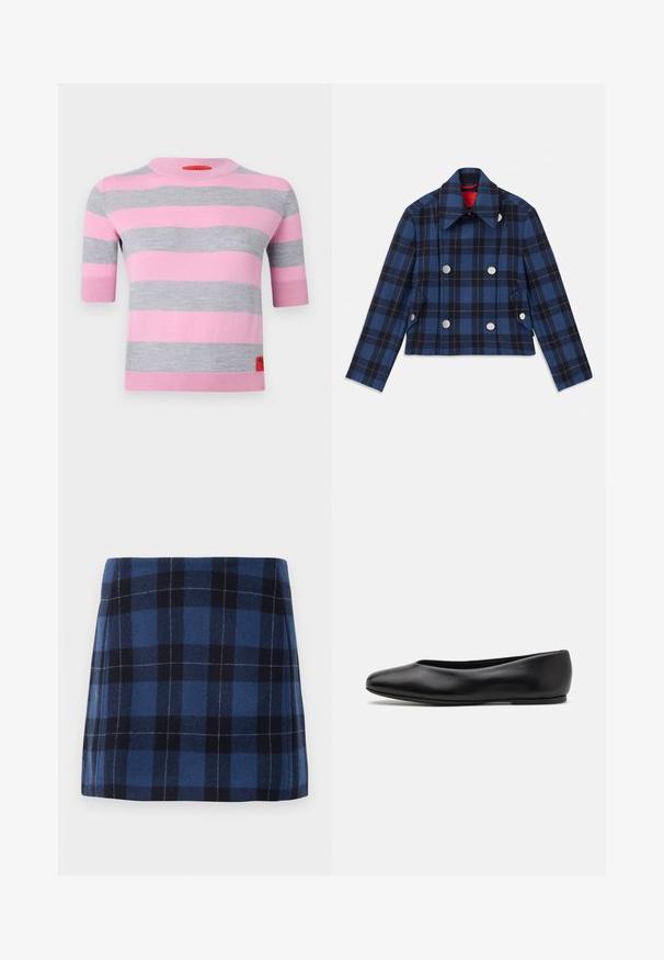 Navy blue plaid jacket with a cropped design, double-breasted front, large silver buttons, and a pointed collar. Textured fabric.; MAX&Co. ASTER - Jumper - orchis rose; Plaid mini skirt in dark blue and navy, made of soft fabric with a slightly textured finish. Features a straight cut and clean lines.; Paul Smith TOPANGA - Ballet pumps - black