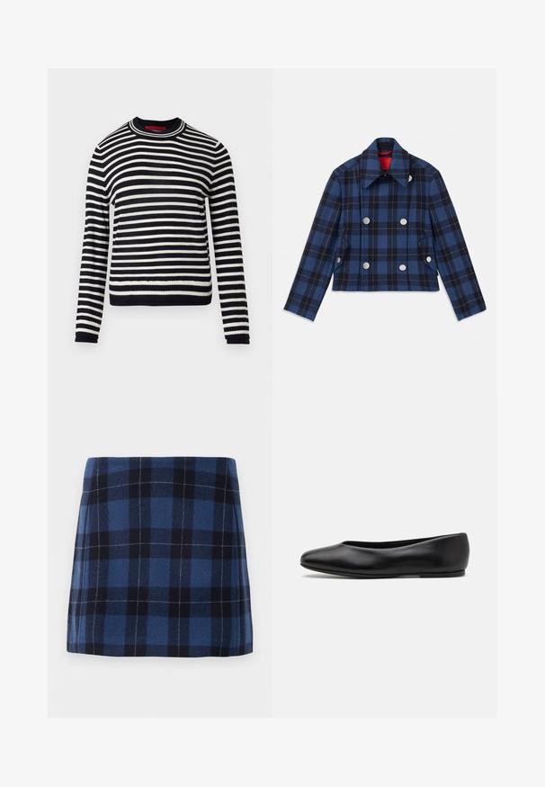 Granatowa marynarka w kratę o skróconym fasonie, z podwójnym zapięciem z przodu, dużymi srebrnymi guzikami i spiczastym kołnierzem. Teksturowany materiał.; Sweter w czarno-białe paski, okrągły dekolt, długie rękawy, ściągacze przy mankietach i dole. Wykonany z miękkiego materiału z równomiernie rozmieszczonymi poziomymi paskami.; Spódnica mini w kratę w ciemnym niebieskim i granatowym kolorze, wykonana z miękkiego materiału o lekko teksturowanym wykończeniu. Charakteryzuje się prostym krojem i czystymi liniami.; Paul Smith TOPANGA czarny