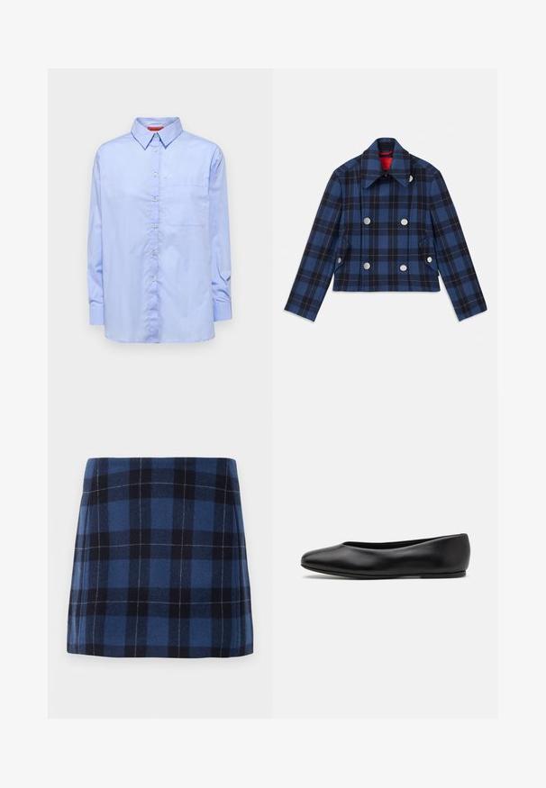 Tamsiai mėlynas languotas švarkas su sutrumpintu dizainu, dvigubais mygtukais priekyje, dideliais sidabriniais mygtukais ir smailiu apykakle. Audinys su tekstūra.; Šviesiai mėlynas ilgomis rankovėmis marškinis su apykakle mygtukais, priekyje kišene ir lygiu audinio paviršiumi. Yra mygtukai per visą priekinę dalį.; Tamsiai mėlynos ir jūros mėlynos spalvos languota mini sijonas, pagamintas iš minkštos medžiagos su šiek tiek tekstūruotu paviršiumi. Turi tiesų siluetą ir švarias linijas.; Paul Smith TOPANGA - Balerinos stiliaus laivutės - black