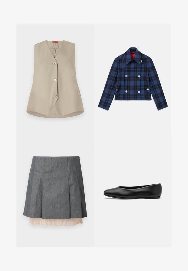 Tummansininen ruudullinen takki, jossa on lyhennetty malli, kaksirivinen etuosa, suuret hopeanväriset napit ja terävä kaulus. Paranneltu kangas.; Valkoinen hihaton liivi, jossa on V-pääntie, kolme puu-nappia ja suora helma. Valmistettu sileästä kankaasta, jossa on selkeä muotoilu.; Harmaa poimutettu hame, jossa on teksturoitu pinta. Hameessa on puoliläpinäkyvä vaaleanpunainen poimutettu alusi, ja siinä on sivu vetoketju.; Paul Smith TOPANGA - Ballerinat - black