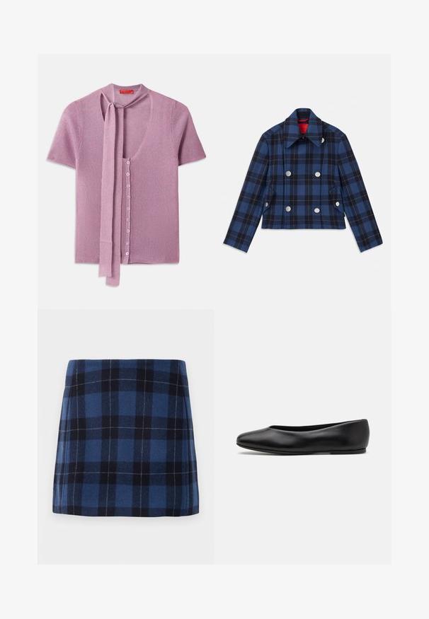 Mornarstvo plavi karirani sako s krojenjem koje je skraćeno, dvostruko kopčanje sprijeda, veliki srebrni dugmad i oštar ovratnik. Tekstuirana tkanina.; Pleteni kardigan u svijetlo ružičastoj boji, s V-izrezom, kratkim rukavima i mašnom na izrezu. Zatvaranje na šest dugmadi s rebrastom teksturom.; Karirana mini suknja u tamnoplavoj i mornarskoj boji, izrađena od meke tkanine s malo teksturiranim završetkom. Ima ravni kroj i čiste linije.; Paul Smith TOPANGA - Balerinke - black