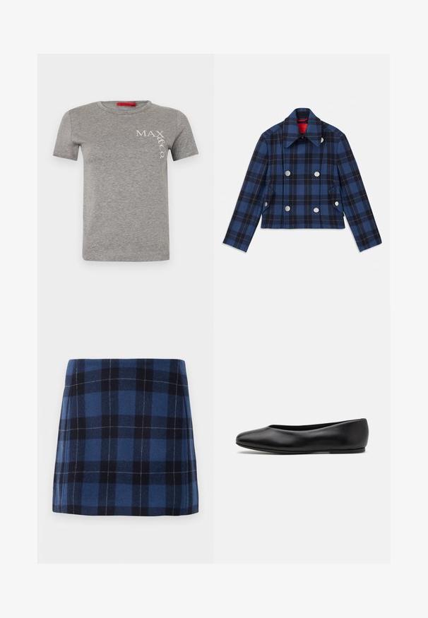 Námornícky modrá károvaná bunda s krátkym strihom, dvojradovým zapínaním vpredu, veľkými striebornými gombíkmi a špicatým golierom. Textúrovaná látka.; Sivý bavlnený tričko s okrúhlym výstrihom a krátkymi rukávmi, s bielym logom "MAX&Co." v diagonálnom písmene na ľavej strane.; Kockovaná mini sukňa v tmavomodrej a námorníckej farbe, vyrobená z mäkkého materiálu s jemne štruktúrovaným povrchom. Má rovný strih a čisté línie.; Paul Smith TOPANGA - Balerínky - black