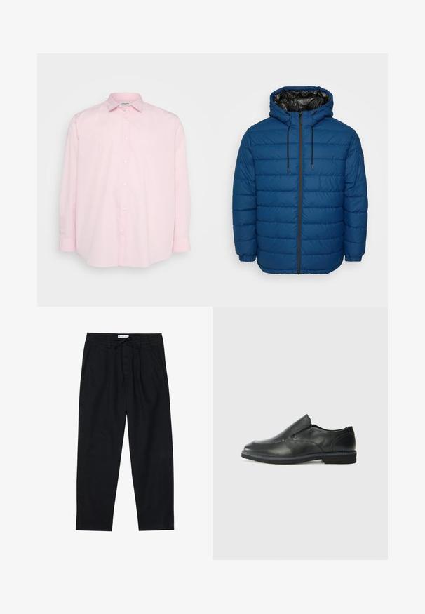 Puffer jacket in dark blue with stitched panels, a hood, and a front zipper. Features elastic cuffs and a contrasting black lining.; Light pink button-up shirt with long sleeves, a standard collar, and white buttons along the front, made from smooth cotton fabric.; Pier One Chinos - black; Black leather slip-on shoe with a smooth upper, stitched accents, rounded toe, and a low rubber heel. Sole features minimal tread.