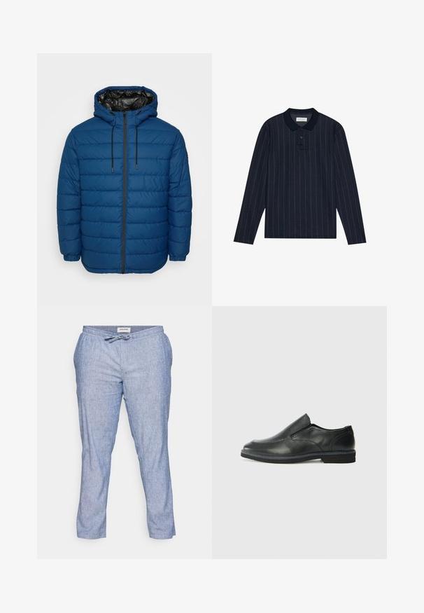 Casaco acolchoado em azul escuro com painéis costurados, capuz e fecho de correr frontal. Apresenta punhos elásticos e um forro preto contrastante.; Polo de manga longa azul-marinho com collar, apresentando finas riscas verticais e abertura com três botões. Textura de tecido suave.; Jack & Jones STACE JJBREEZE - Calças - blue; Sapato slip-on preto em pele com um upper liso, acabamentos cosidos, bico arredondado e um salto de borracha baixo. A sola apresenta um padrão de aderência mínimo.