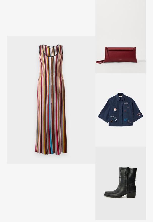 Tummansininen lyhythihainen paita, jossa on napitus ja erilaisia brodeerattuja patchieita, kuten sydämiä ja tekstiä. Sisältää rinta- ja sivutaskut.; Kattomattomat pitkät mekko, jossa on pystysuorat raidat punaisena, vaaleanpunaisena, sinappina, ruskeana, sinisenä ja mustana vaalealla taustalla.; Musta nahkasaapas nilkkamittaisella varrella, pyöreällä kärjellä, lohkarekorolla, sivuvetoketjulla ja ompeluaksentilla varren yläosassa. Suora pinta, klassinen muotoilu.; Punainen nahkainen clutch-muoti, jossa on teksturoitu pinta, litteä taittopäällinen ja lyhyt hihna. Hienovarainen brändilogo edessä.