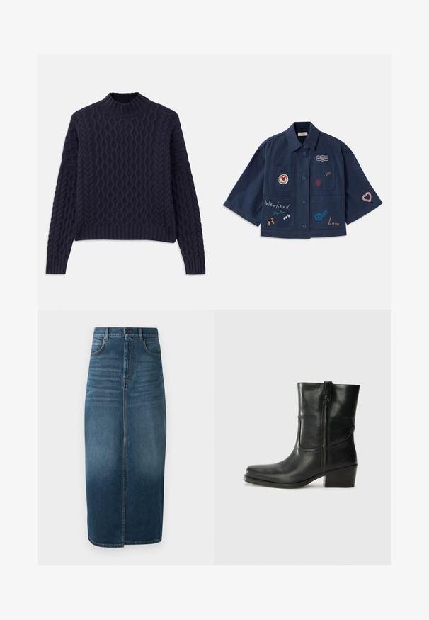 Camisa de manga curta azul-marinho com fecho de botão, apresentando vários patches bordados, incluindo corações e texto. Inclui bolsos no peito e laterais.; Pulôver de malha azul marinho com um padrão de ondas texturizado, gola alta e punhos e bainha em canelado para um ajuste estruturado.; Saia midi de denim em índigo escuro, com uma fenda frontal e ligeira descoloração. Design clássico de cinco bolsos com fecho em botão de metal.; Bota de tornozelo em couro preto com bico arredondado, salto bloco, fecho lateral e detalhes em costura na parte frontal. Textura suave, design clássico.