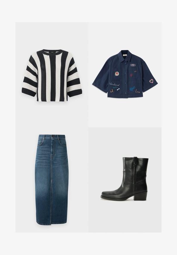 Camisa de manga curta azul-marinho com fecho de botão, apresentando vários patches bordados, incluindo corações e texto. Inclui bolsos no peito e laterais.; Sweater de crochê com riscas alternadas em azul marinho e branco, gola redonda e mangas três quartos. Tecido de malha texturizado.; Saia midi de denim em índigo escuro, com uma fenda frontal e ligeira descoloração. Design clássico de cinco bolsos com fecho em botão de metal.; Bota de tornozelo em couro preto com bico arredondado, salto bloco, fecho lateral e detalhes em costura na parte frontal. Textura suave, design clássico.