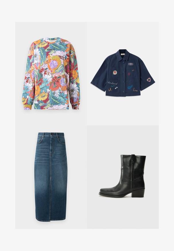 Tamsiai mėlyna trumpomis rankovėmis marškinėliai su mygtukų uždarymu, puošti įvairiomis siuvinėtomis pleistrais, įskaitant širdeles ir užrašus. Marškinėliai turi krūtinės ir šonines kišenes.; Ilga rankovė sportinė palaidinė su ryškiu gėlių raštu, kurį sudaro kelios spalvos, įskaitant raudoną, oranžinę, mėlyną ir žalią. Apvali iškirptė su guma apdailai.; Tamsiai indigo džinsinio audinio midi sijonas su priekinėmis skeltuvėmis ir šiek tiek išblukusia spalva. Klasikinis penkių kišenių dizainas su metaliniu mygtuko uždarymu.; Juodi odiniai aulinukai iki kulkšnies su apvali nosimi, blokuotais kulnais, šonine užtrauktuku ir siuvimo akcentais ant viršutinės dalies. Lygi tekstūra, klasikinis dizainas.