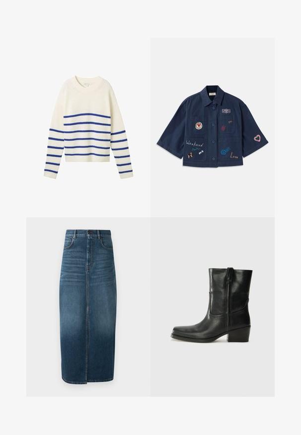 Tamsiai mėlyna trumpomis rankovėmis marškinėliai su mygtukų uždarymu, puošti įvairiomis siuvinėtomis pleistrais, įskaitant širdeles ir užrašus. Marškinėliai turi krūtinės ir šonines kišenes.; Kreminė megzta palaidinė su horizontaliais mėlynais dryžiais, apvaliu kaklu, ilgomis rankovėmis ir gertu pečių bei apačios kraštu. Minkšta tekstūra ir laisvas siluetas.; Tamsiai indigo džinsinio audinio midi sijonas su priekinėmis skeltuvėmis ir šiek tiek išblukusia spalva. Klasikinis penkių kišenių dizainas su metaliniu mygtuko uždarymu.; Juodi odiniai aulinukai iki kulkšnies su apvali nosimi, blokuotais kulnais, šonine užtrauktuku ir siuvimo akcentais ant viršutinės dalies. Lygi tekstūra, klasikinis dizainas.