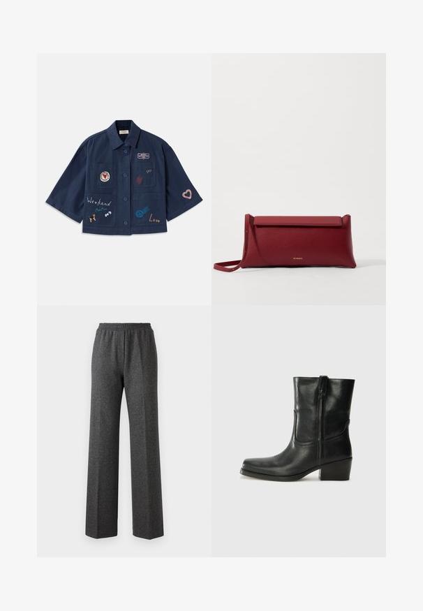 Tumši zila īsām piedurknēm krekls ar pogu aizdari, rotāts ar dažādiem izšūtiem plāksteriem, tostarp sirsniņām un tekstu. Satur krūšu un sānu kabatas.; Balts īsajām piedurknēm blouse ar zilu ziedu izšuvumu, apaļu kakla izgriezumu un sarežģītiem rakstiem pa priekšu un piedurknēm.; Pelēku teksturētu platajām kājām bikses ar elastīgu jostasvietu, kurām ir smalka herringbone raksts. Mīksts audums ar brīvu piegriezumu.; Melna ādas potīte ar noapaļotu purngalu, bloku papēdi, sānu rāvējslēdzēju un šuvju akcentiem uz virsmas. Gluda tekstūra, klasiskā dizaina.; Sarkans ādas klasisks maciņš ar teksturētu virsmu, ar plakanu salokāmu augšpusi un īsu siksniņu. Uz priekšpuses ir smalks zīmola logo.