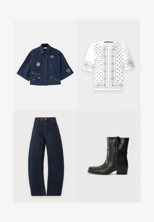 Mørkeblå kortærmet skjorte med knaplukning, udstyret med forskellige broderede patches, herunder hjerter og tekst. Inkluderer bryst- og sidelommer.; Hvid kortærmet bluse med blå blomsterbroderi, rund udskæring og intrikate mønstre langs forsiden og ærmerne.; Højtlivet, vidde jeans i mørkeblå denim. Har en knaplukning, fem lommer og en subtil tekstur. Ingen synlige mønstre eller accenter.; Sort læder ankelstøvle med rundt tå, blokhæl, lynlås i siden og stikninger på vampsiden. Glat tekstur, klassisk design.